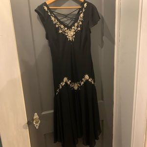 Women’s Black Embroidered Open Back Midi Dress